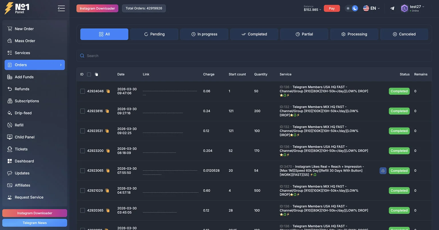 Панель управления заказами — кастомный UI поверх PerfectPanel
